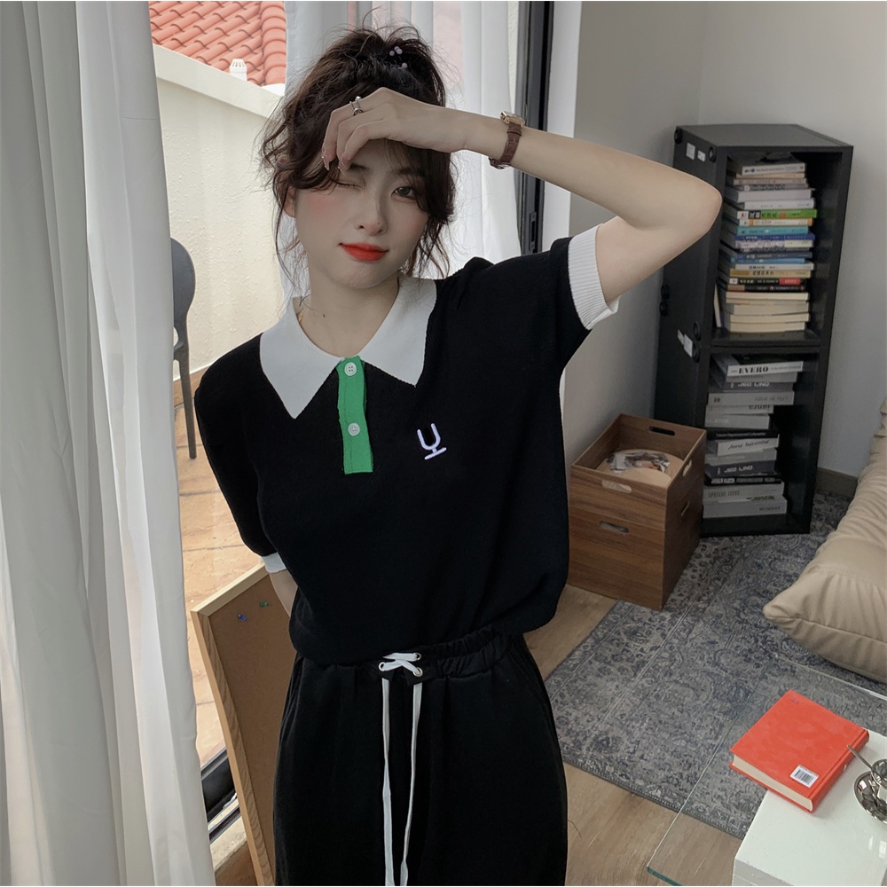 DUNEA Áo Sweater Dệt Kim Mỏng Tay Ngắn Dáng Rộng Cổ Polo Thêu Họa Tiết Màu Khối Quyến Rũ Cho Nữ