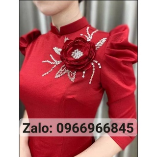 (A806) Áo dài đỏ tây thi tay bồng đính hoa_Áo Dài Đan Linh