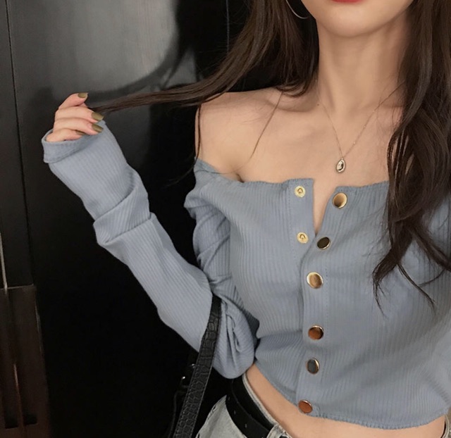 Áo Croptop Trễ Vai Ulzzang Hàn Quốc Màu Trắng/Đen/Xanh