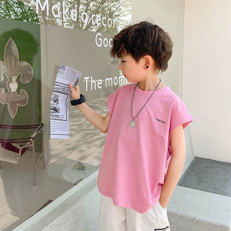 Áo Thun Cotton Sát Nách Dáng Rộng Thoáng Khí In Họa Tiết Chú Gấu Dễ Thương Thời Trang Cho Bé Trai