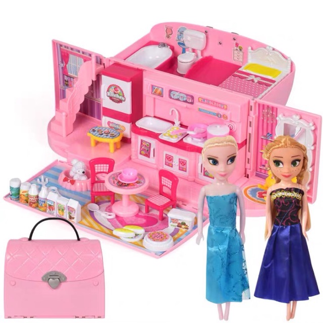 Có sẵn  Set Valy Búp Bê Elsa &amp; Anna  Phòng thay đồ/ Nhà bếp