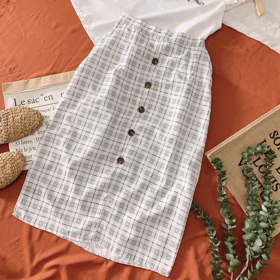Set áo 2s thêu chữ chân váy kẻ