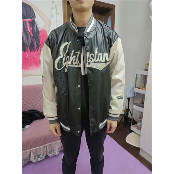 Áo khoác da bomber varsity jacket nam nữ EIGT thêu chữ cực chất