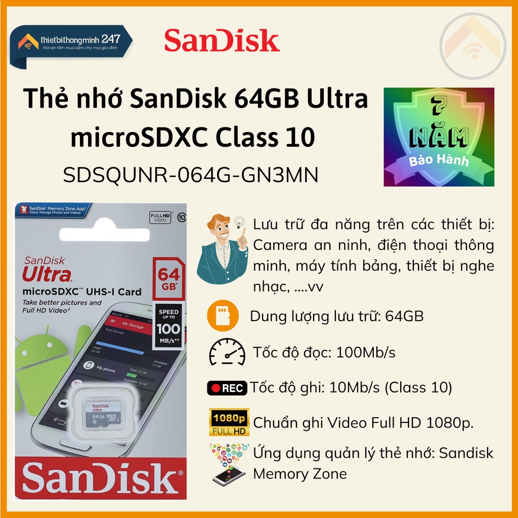 Thẻ nhớ SanDisk 64GB Ultra micro SDXC Class 10 tốc độ đọc 100MB/s  (SDSQUNR-064G-GN3MN)
