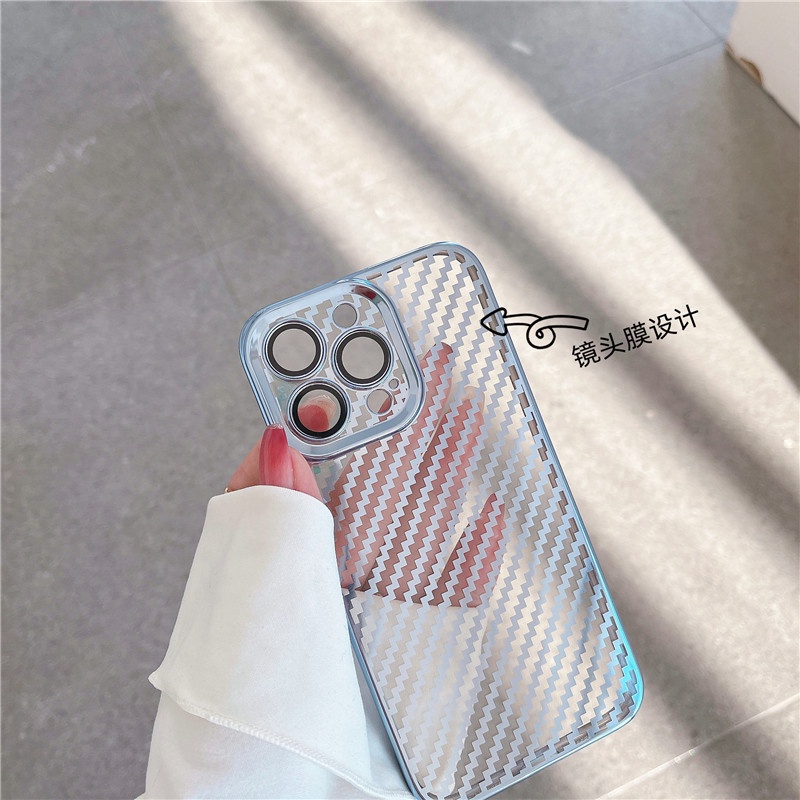 Ốp Điện Thoại Sợi Carbon Mạ Điện Kèm Miếng Dán Bảo Vệ Camera Cho iPhone 13 12 11 Pro Max X XR XS Max SE 2022 7 8 Plus