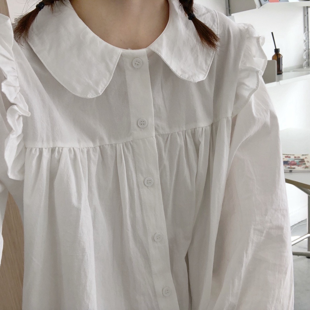 [Ảnh thật] Áo sơ mi babydoll cổ sen tay phồng viền bèo vai cách điệu ulzzang