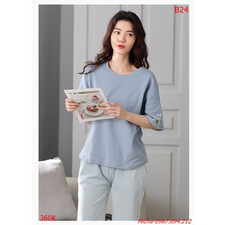 Bộ cotton nữ đẹp 💐FREE SHIP💐 Bộ lửng cotton màu xanh quần sọc trang nhã