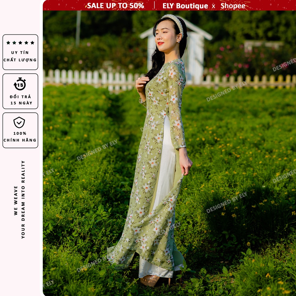 Áo dài cách tân siêu đẹp ELY voan in họa tiết ELVI03