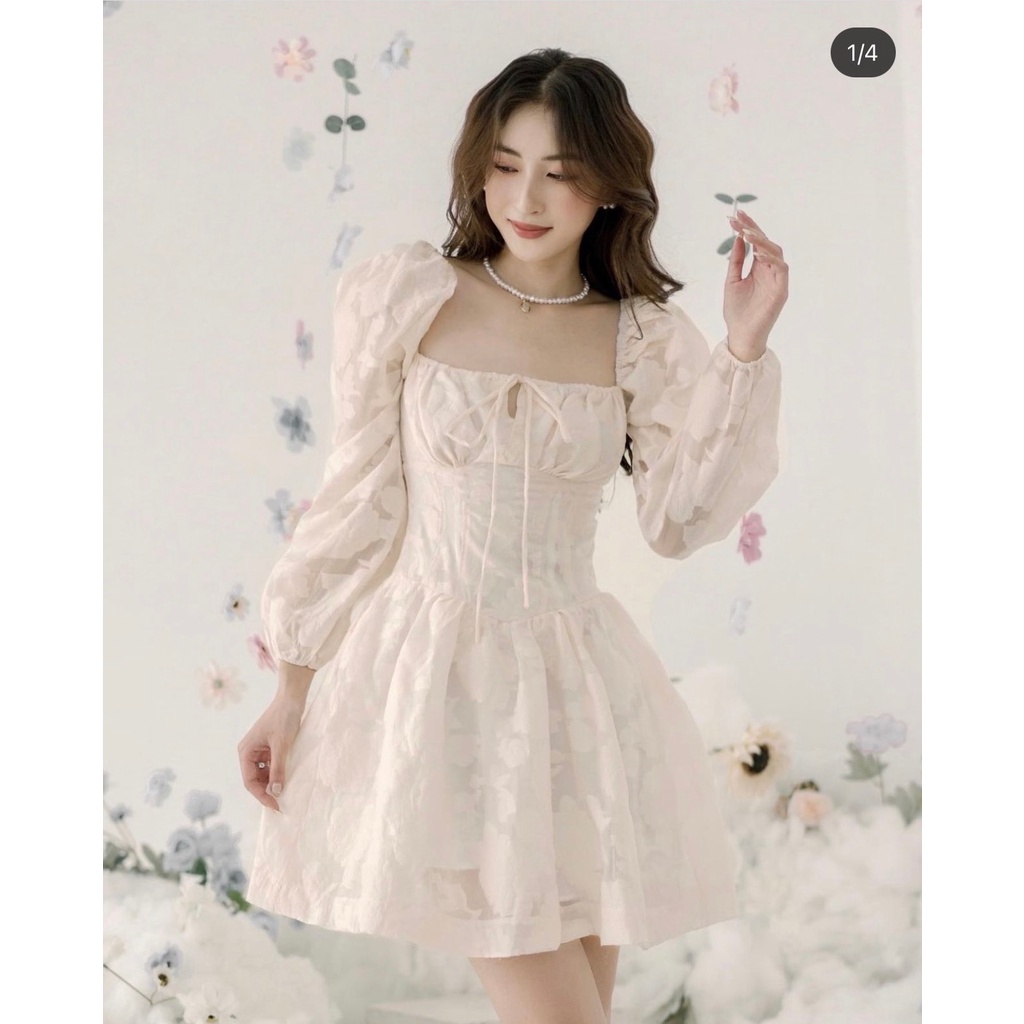 Đầm Hoa Xòe Cổ Vuông Tay Phồng - D0495