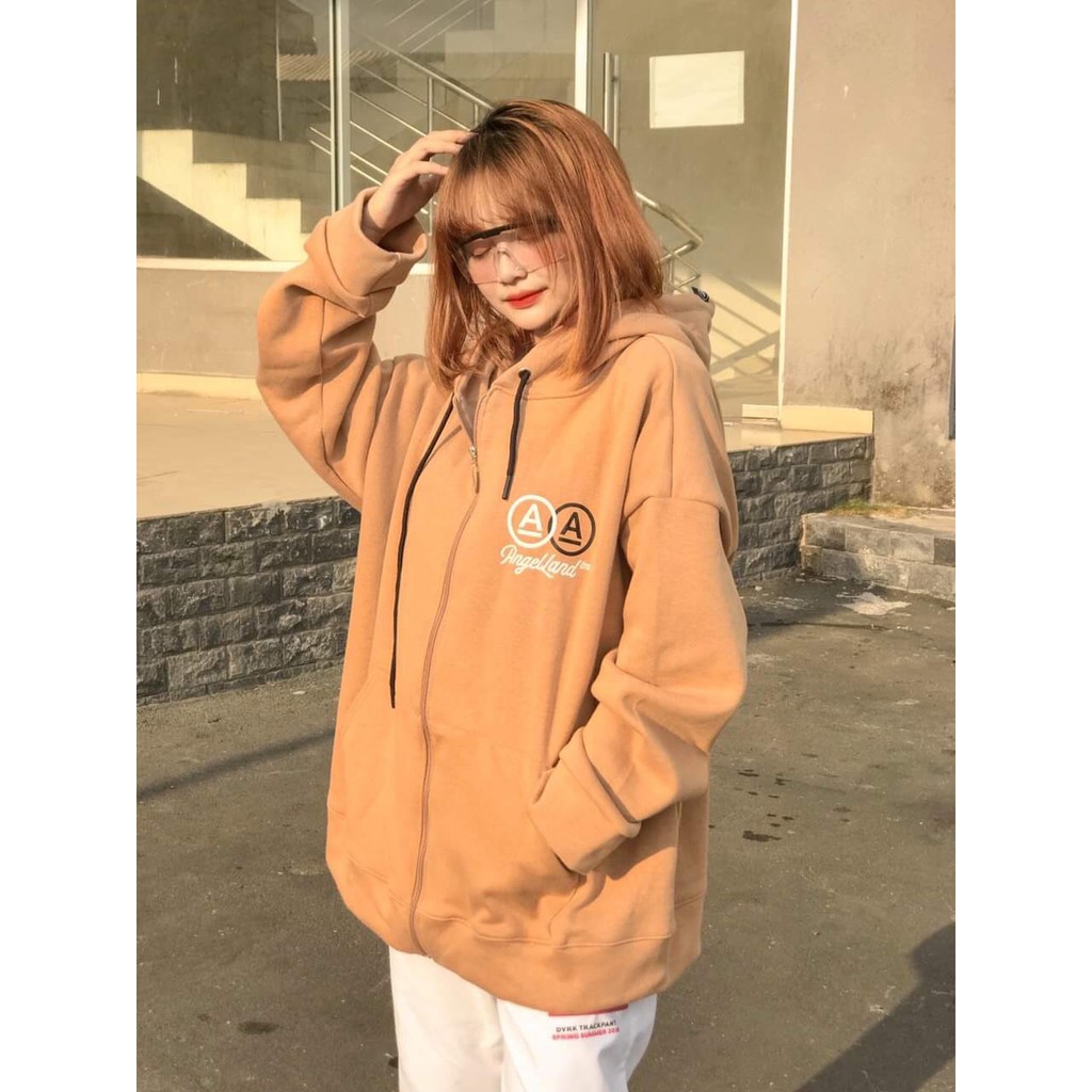 ÁO HOODIE ZIPPER UNISEX ANGEL LAND - ÁO HOODIE DÂY KÉO DÁNG RỘNG IN HÌNH MÀU KEM