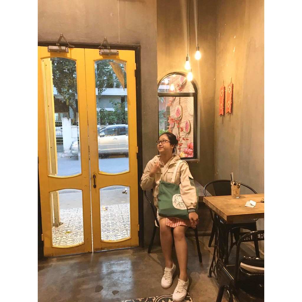 Túi Tote Túi Vải Leo Canvas Cô Gái Xanh Rêu