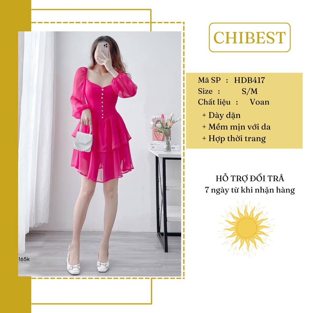 Đầm voan gân tiểu thư 2 tầng dài tay bồng nút giữa CHIBEST HDB417