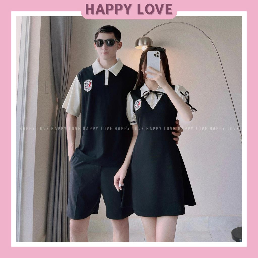 Đồ đôi nam nữ couple set áo váy polo màu đen logo thêu phong cách hàn quốc HAPPYLOVE H86