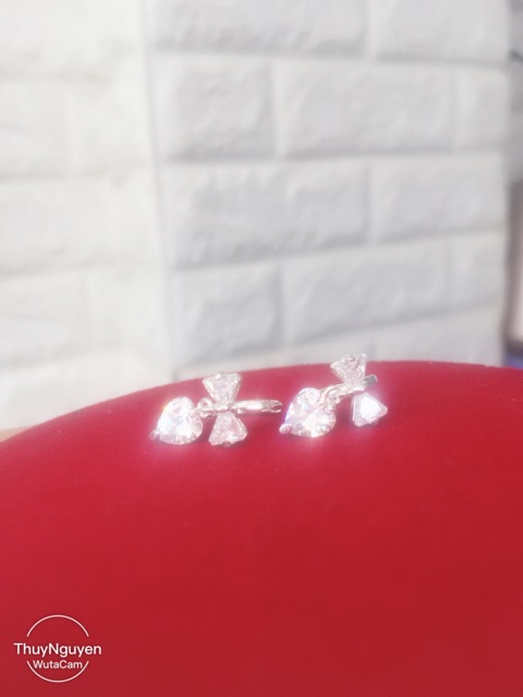 Khuyên tai nơ treo tim đá nhân tạo tròn đính tai bạc thật cao cấp