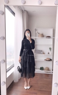 Chân váy ren tầng nơ eo tiểu thư