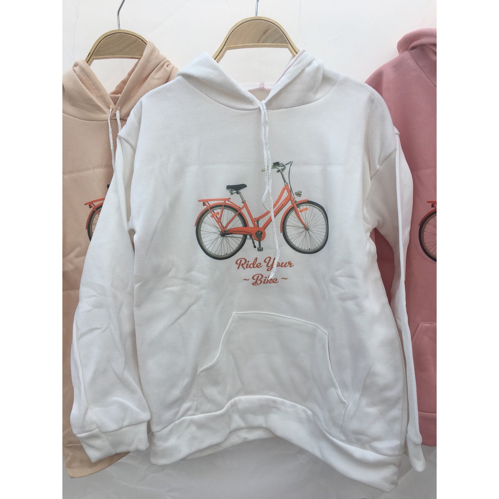 Áo Hoodie hình xe đạp UNISEX(3 màu trắng, be, hồng)