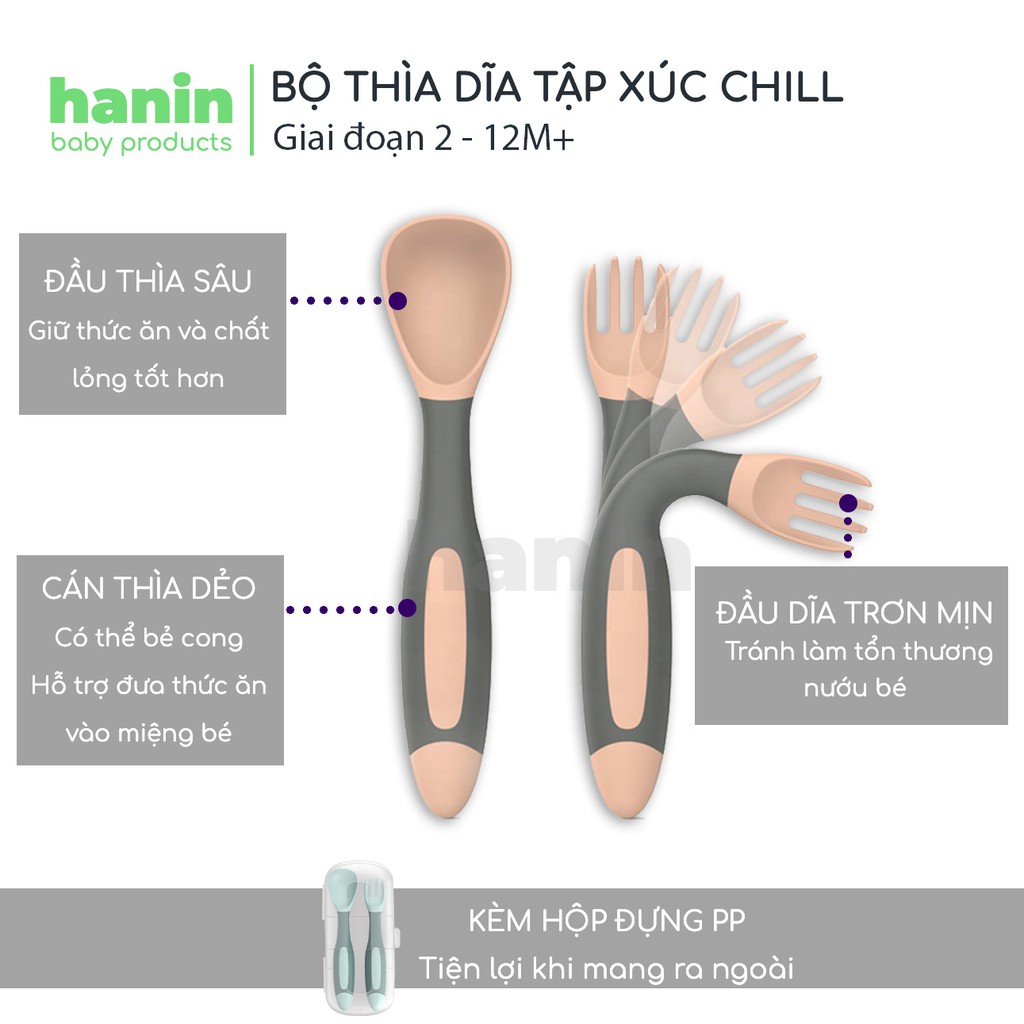 Bộ thìa dĩa ăn dặm uốn dẻo CHILL cho bé tập xúc Hanin Baby - Thiết kế thông minh, chất liệu an toàn