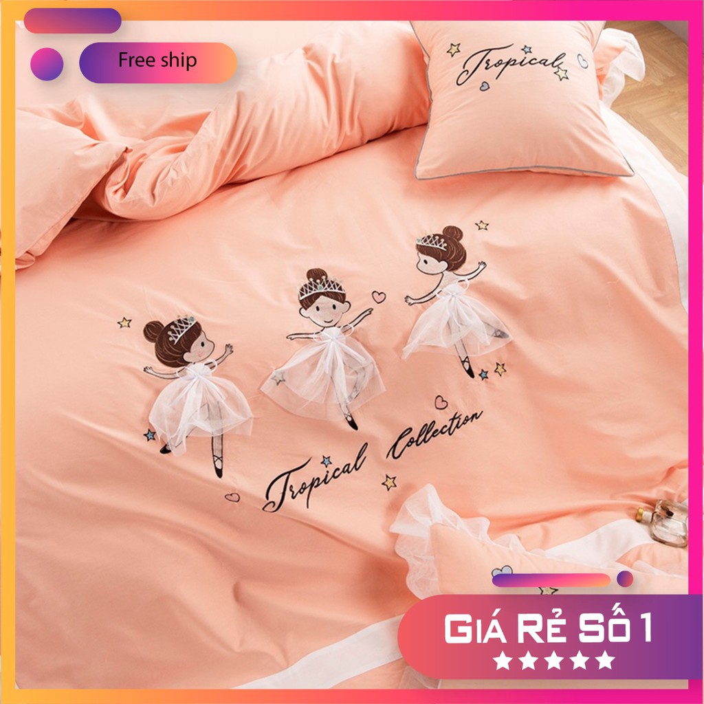 Bộ chăn ga gối công chúa Alice 100%Cotton lụa Hàn Quốc cho bé gái, cực kỳ dễ thương