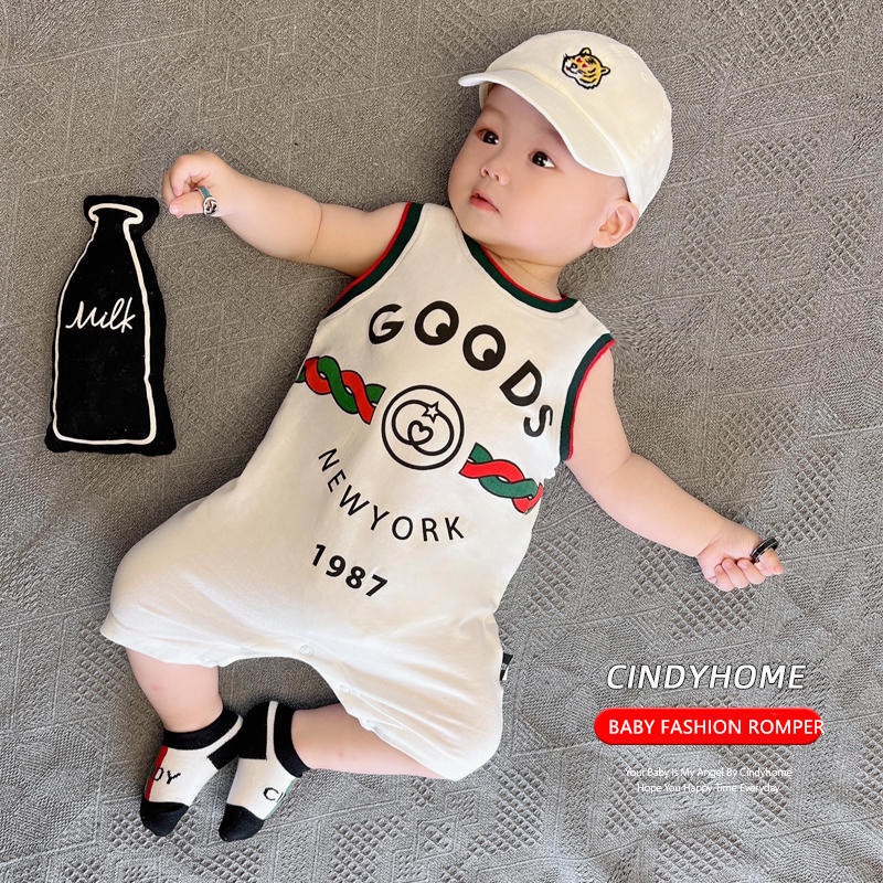 Bộ Áo Liền Quần Bằng Cotton Không Tay In Chữ Thời Trang Mùa Hè Dành Cho Bé Sơ Sinh