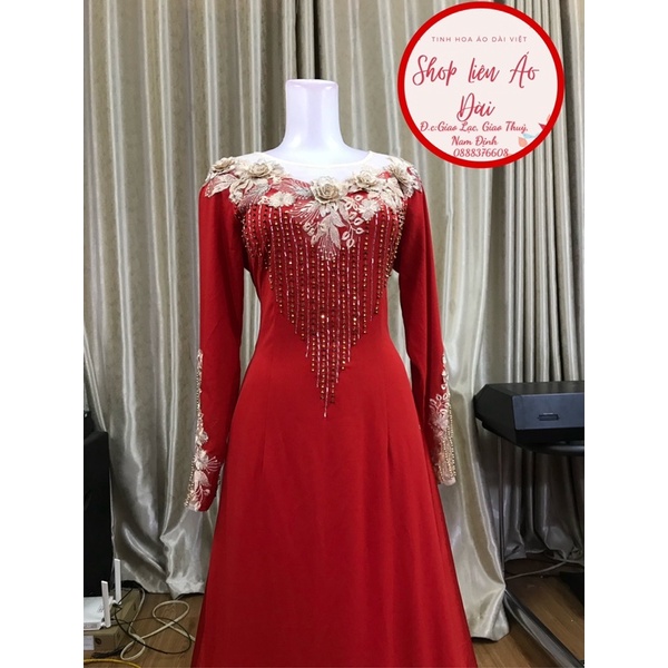 Áo dài đỏ thiết kế cổ phối von đính kết hoa ren xinh, hàng thiết kế cho quý bà dự tiệc, lên sui sang trọng