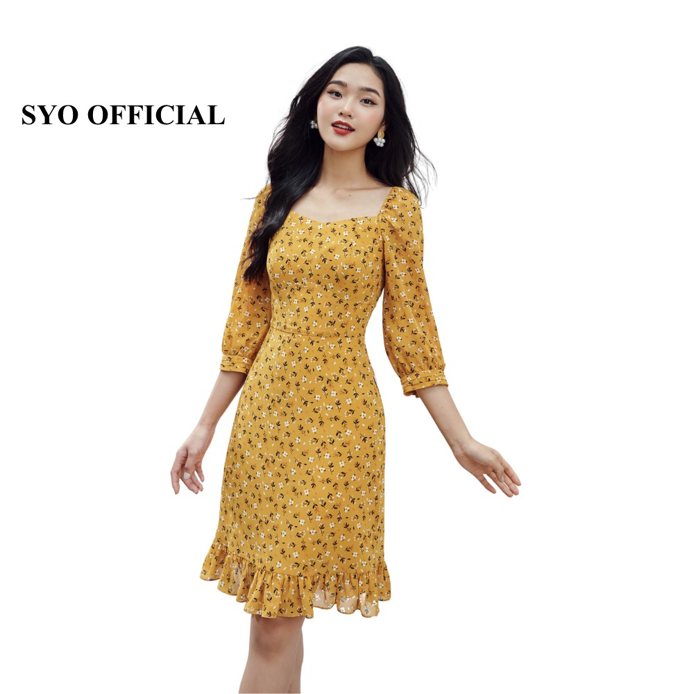 Váy hoa chiffon cổ tim tay lỡ SYO D4002-21