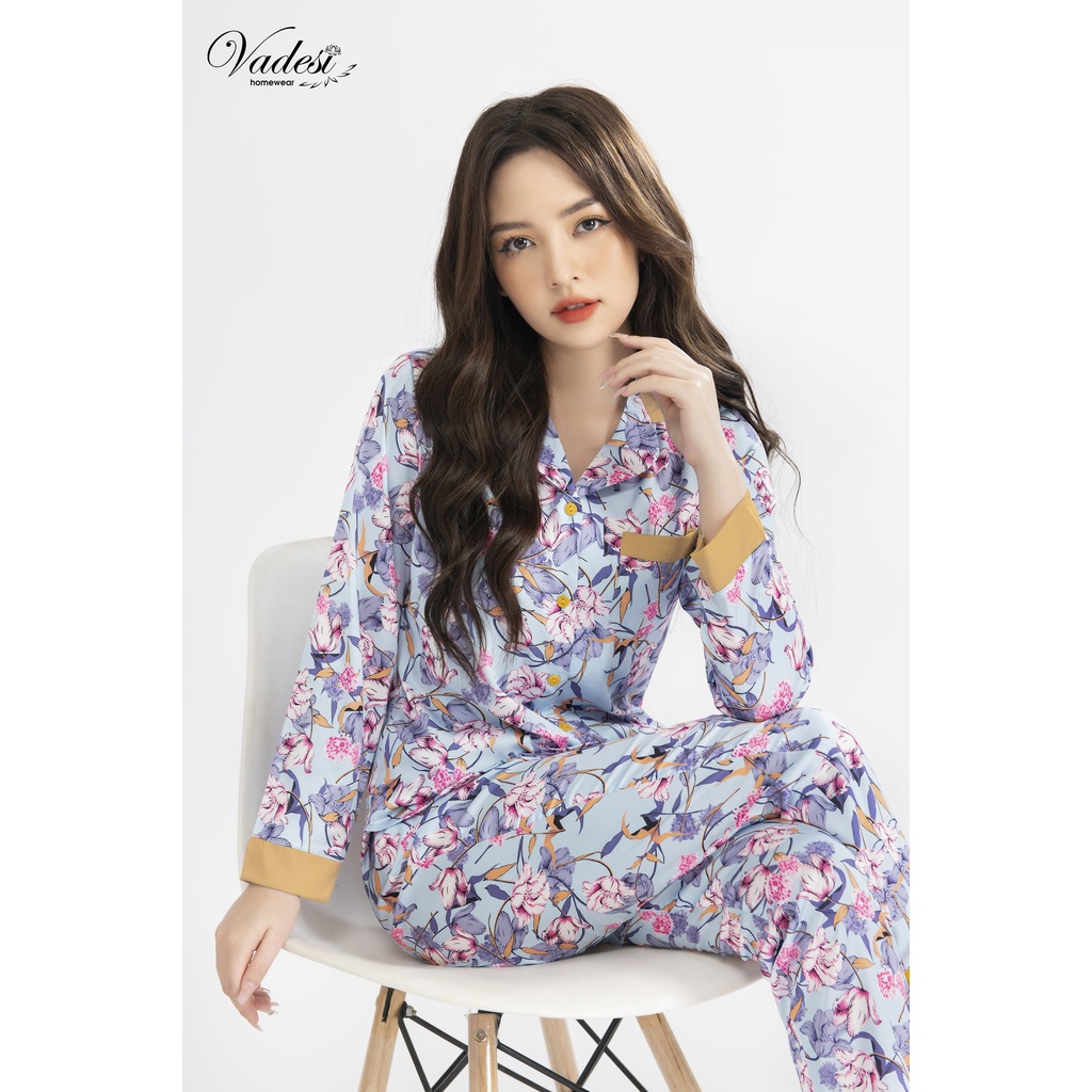 Bộ Đồ Ngủ Nữ Pijama Dài Tay Lụa Cao Cấp Họa Tiết Đẹp Chất Liệu Mát Mềm Mịn Thấm Hút Co Giãn Nhẹ Dáng Đẹp - VADESI