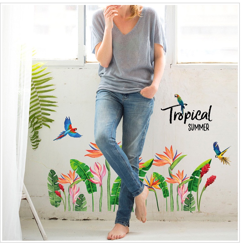 Tranh decal dán tường CÂY HOA CHUỐI TROPICAL SUMMER Trang trí phòng khách, dán chân tường - Giấy dán tường