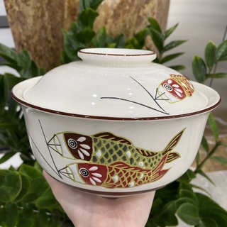 Thố sứ hình cá Nhật nắp đậy màu kem đựng canh,đồ ăn,mỡ,cơm dày dặn bóng đẹp