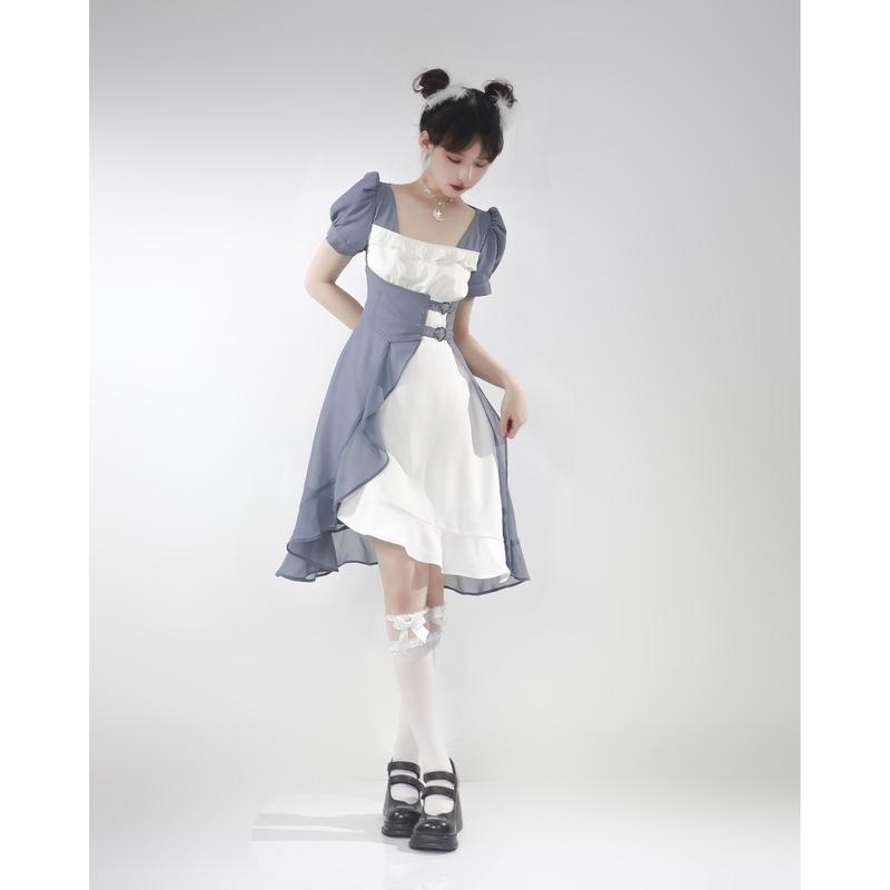 Đầm Mùa Hè  Mới 2022 Tay Áo Xếp Nếp Màu Xanh Ngọc Bích Và Trắng Dành Cho Bạn Gái ins