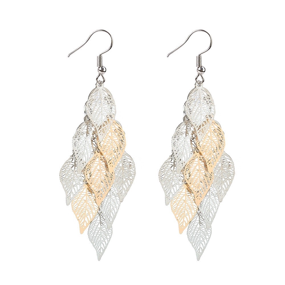 Hoa tai kiểu dáng dài phối họa tiết lá nhiều màu sắc đầy cổ điển