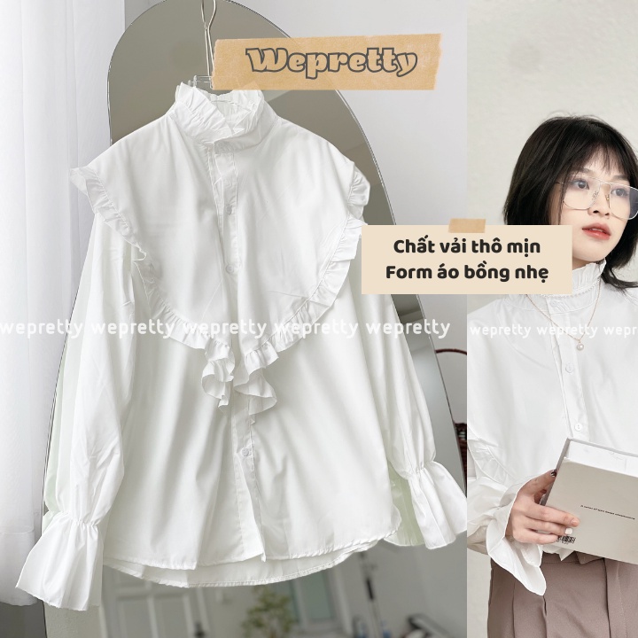 Áo sơmi nữ trắng chất sợi mềm ống tay bồng cổ tay loe phong cách vintage Wepretty Clothes | BigBuy360 - bigbuy360.vn