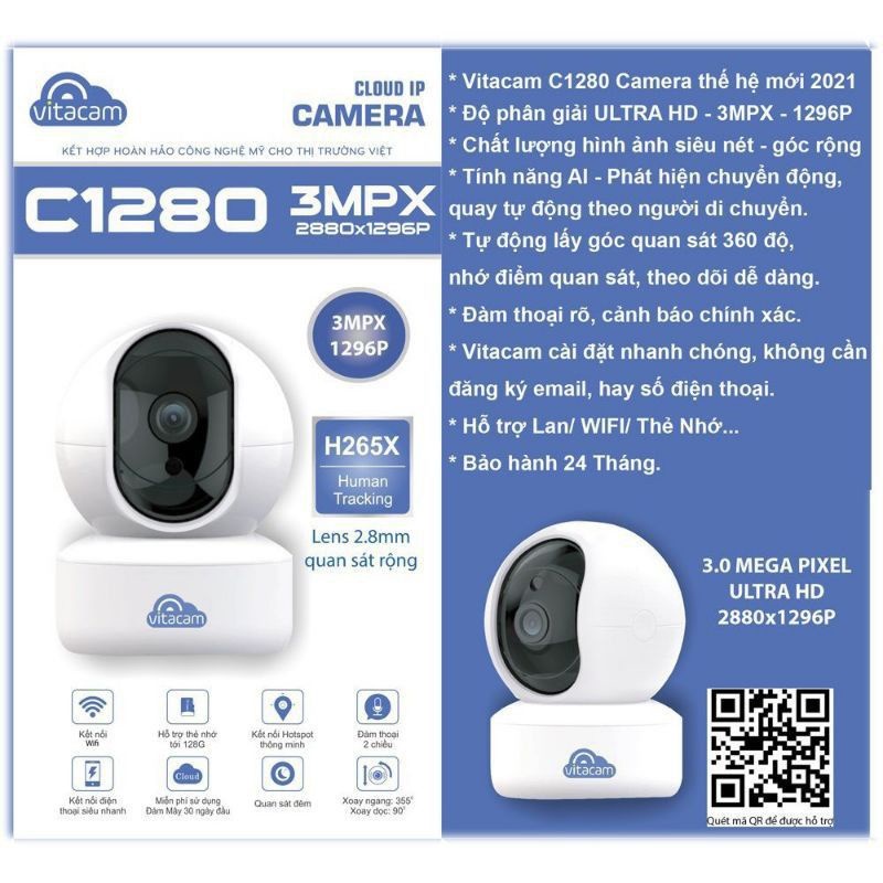 Camera không dây Wifi Vitacam C1280 2.0 Pro 3Mpx Ultra HD công nghệ AI xoay 360 độ - Hàng Chính Hãng