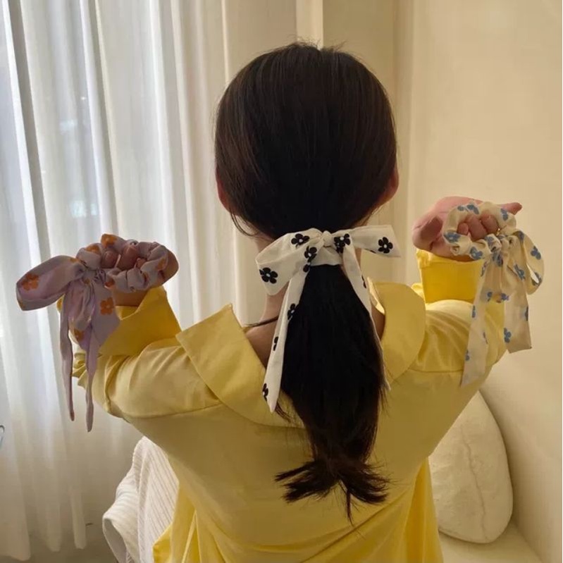 Buộc tóc, cột tóc scrunchies nơ dài hoạ tiết bông hoa