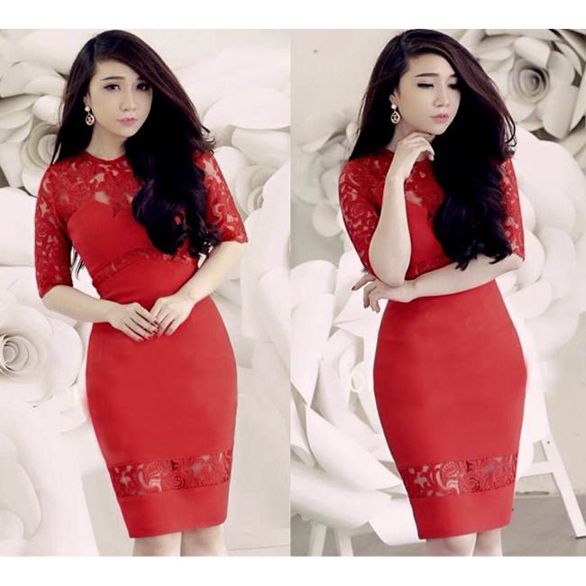 Sale: Đầm body tay lỡ phối ren - Size M