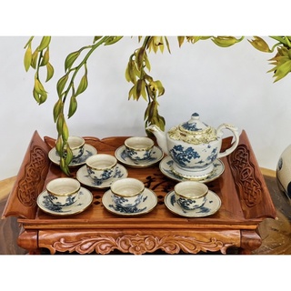 Bộ ấm trà, men rạn cổ vẽ tay bọc đồng ấm chén gốm sứ Bát tràng tách trà hàng cao cấp