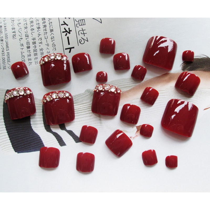 Set 24 Móng Chân Giả Đính Đá Màu Đỏ