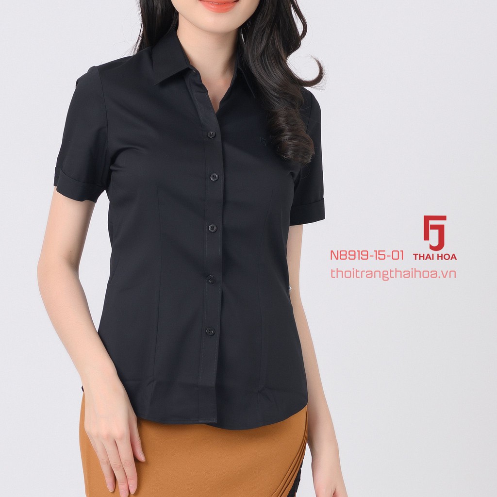 Áo sơ mi nữ công sở đen ngắn tay cao cấp kiểu bigsize sợi tre Thái Hoà N8919-15-01
