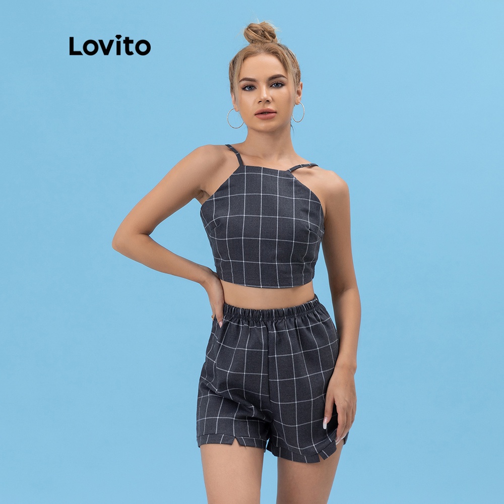 Set Trang Phục Lovito Với Áo Yếm Hở Lưng Quần Short Caro Thường Ngày L06141 (Màu Xám Đậm)