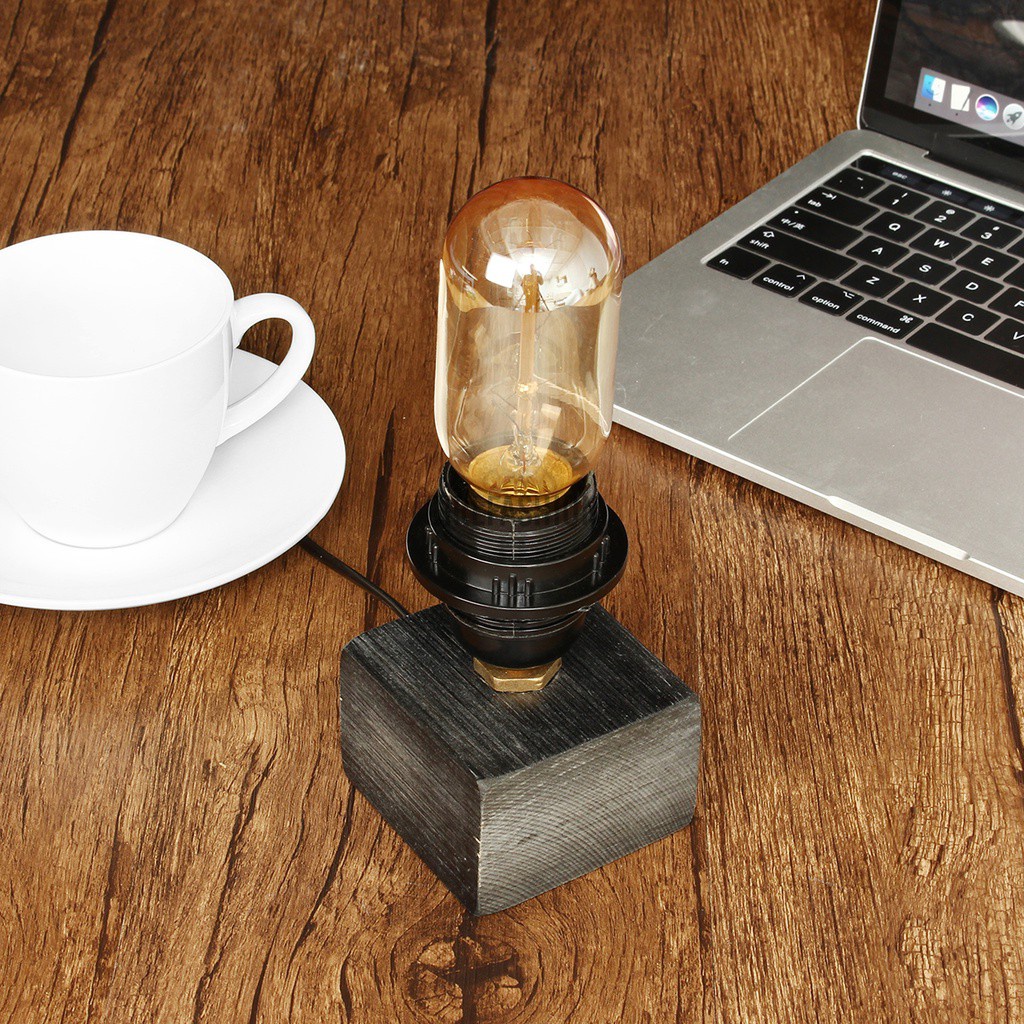 Industrial Style Wooden Block Bedside / Lounge Table Lamp + LED Vintage Bulb