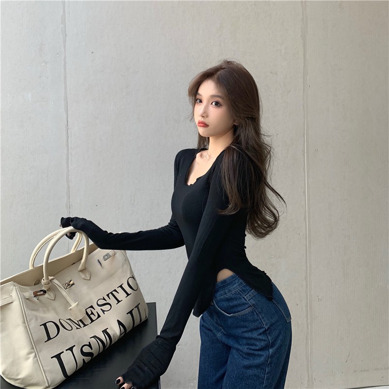 Cocory vn Áo Dệt Kim Tay Dài Cổ Tròn Thiết Kế Xẻ Quyến Rũ Dành Cho Nữ