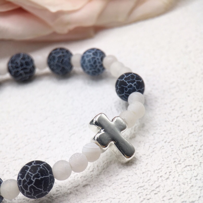 Chuỗi Mân Côi vòng tay đá rạn xanh trắng Thánh Giá bạc S925 KimKimRosa trang sức Sterling silver Rosary