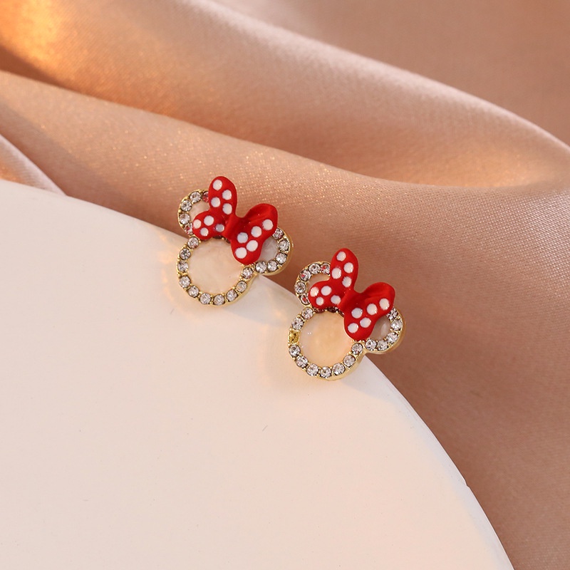 Bông tai bạc 925 hình chuột Mickey và nơ đỏ dễ thương