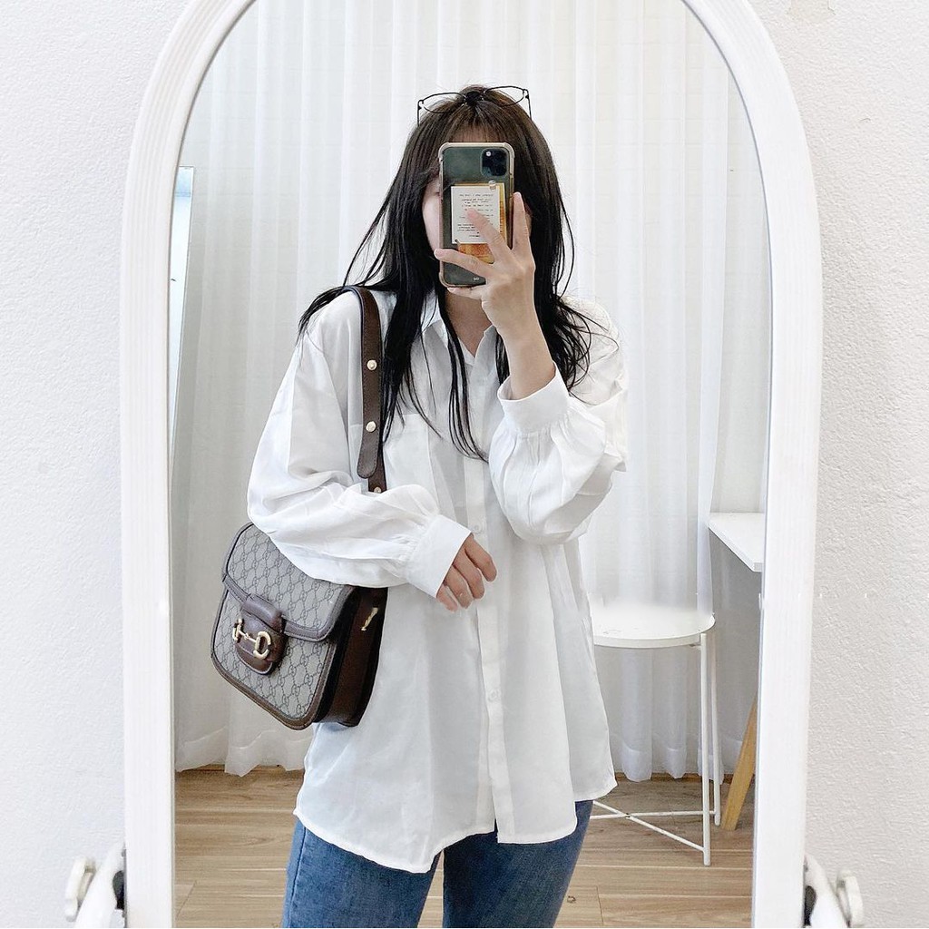 Áo sơ mi lụa trắng tay bồng form rộng Oversize - Phong cách Ulzzang Hàn Quốc phối đồ cực xinh | BigBuy360 - bigbuy360.vn