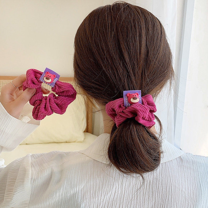 Dây Buộc Tóc Cao Su Co Giãn Bọc Da Họa Tiết Trái Dâu Gấu Phong Cách Nhật Hàn Đáng Yêu Cho Bạn Gái