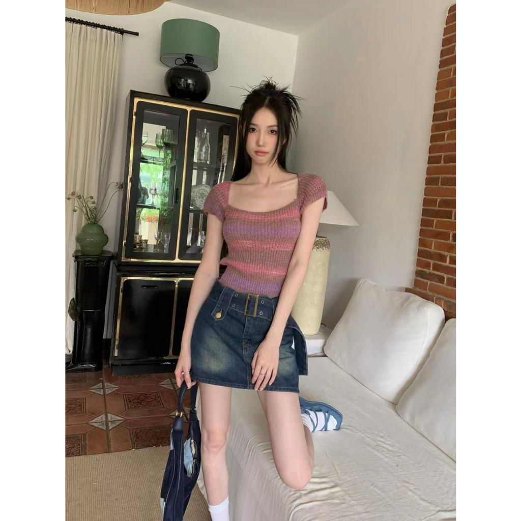 qkoole Mới Áo Thun Dệt Kim Ngắn Tay Hở Lưng Họa Tiết Kẻ Sọc Cho Nữ