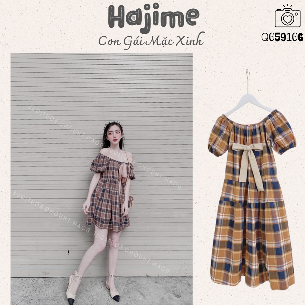 Đầm Nữ Caro Trễ Vai Nơ Ngực Dáng Xoè 🌻Váy Nữ Caro Dáng Xoè Thắt Nơ Trễ Vai