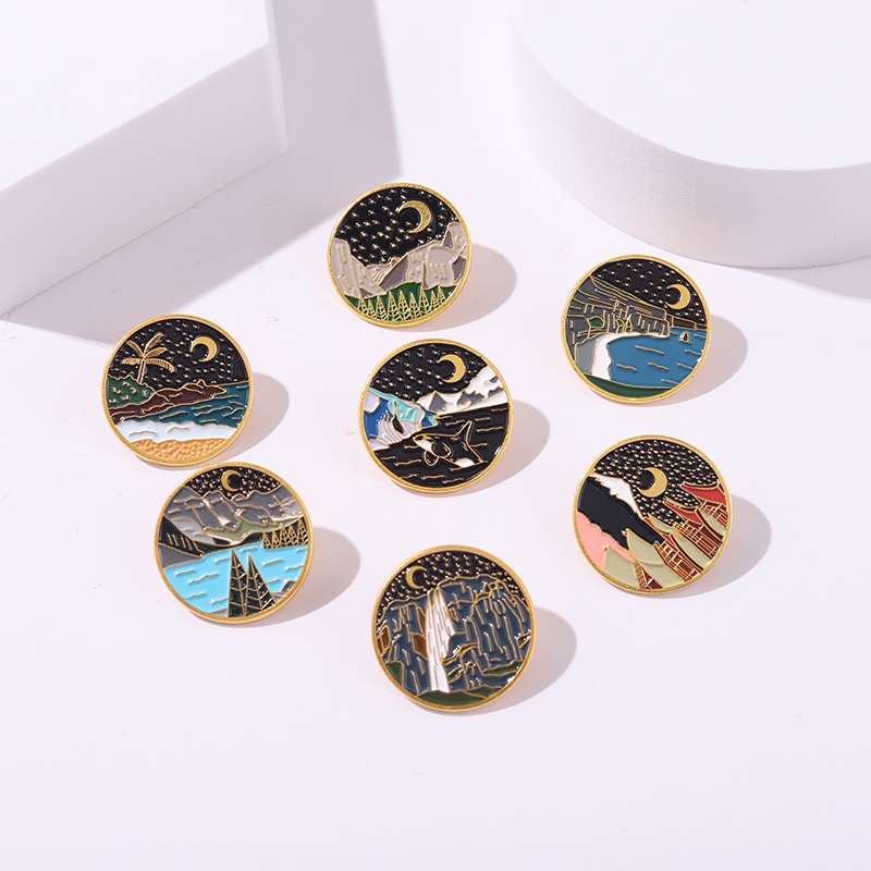 Ghim cài áo QIHE JEWELRY hình cá voi / mặt trăng / núi / sông / bầu trời sao phong cách hoạt hình 7 kiểu độc đáo đa năng