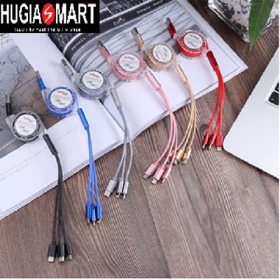 Cáp sạc ⚡ Hugiasmart ⚡Cáp sạc điện thoại 3 đầu đa năng dây rút chống rối dài 1m hàng sẵn⚡ Màu Ngẫu Nhiên