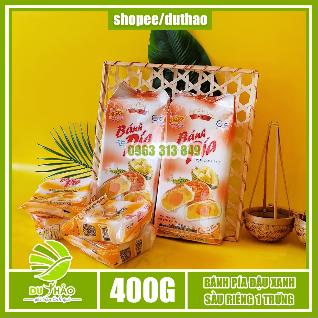 Bánh pía Tân Huê Viên Sóc Trăng đậu xanh sầu riêng 1 trứng 400g, bánh pía truyền thống - túi 4 bánh