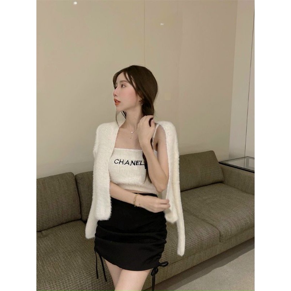 Set áo hai dây len lông kèm áo khoác cadigan